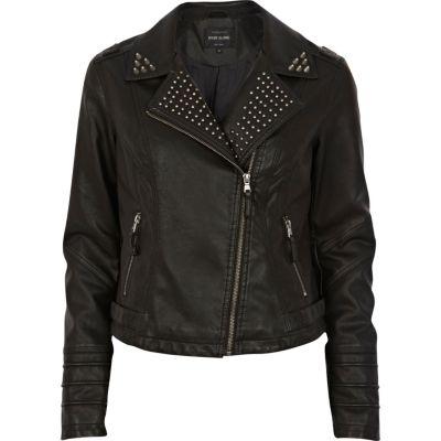 Black PU stud collar biker jacket