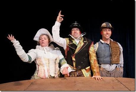 (left to right) Pam Chermansky as Edith the storyteller, Adrian Danzig as Bruce the scientist, and Jay Torrence as Francis the helper, as the clowns assemble the laboratory table and announce “science!”, in 500 Clown Frankenstein, at Chicago’s Viaduct Theater. (Photo credit: Justin Barbin)