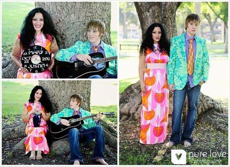 engaged couple in 1970s glam rock photography shoot