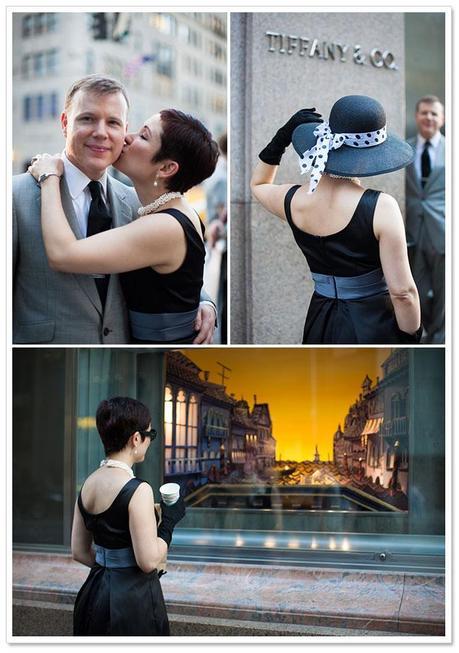 engagement photos from Breakfast at Tiffany's themed shoot