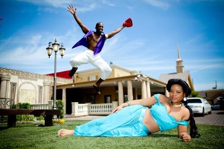 wedding photography bride and groom in Aladdin costumes, groom jumps over bride