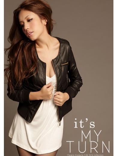 Black Round Neck Women Leather Jacket Women Discount Coat @T3081b