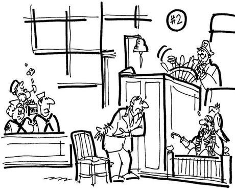 cartoon illustration for lawsuit involving trademark violation by company which manufactured Navy Chair virtually identical to another company's design, lawyer showing chair to pirate in witness box, judge at helm of ship's steering wheel, jurors dressed as sailors including Popeye