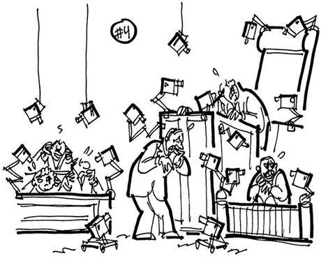 rough sketch for cartoon illustration for legal magazine humor feature about strange lawsuits, suit involved rap singer Flo Rida who refused to pay for home security system, cartoon shows courtroom filled with security cameras watching everyone's movements