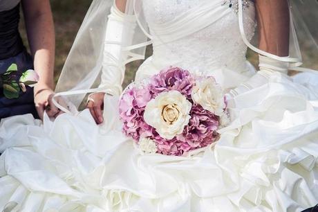 purple, pink, and white bridal bouquet