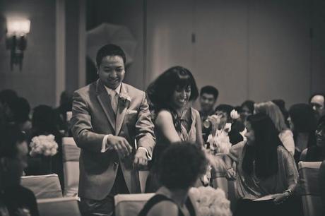 bridal party dances in to wedding Gangnam style