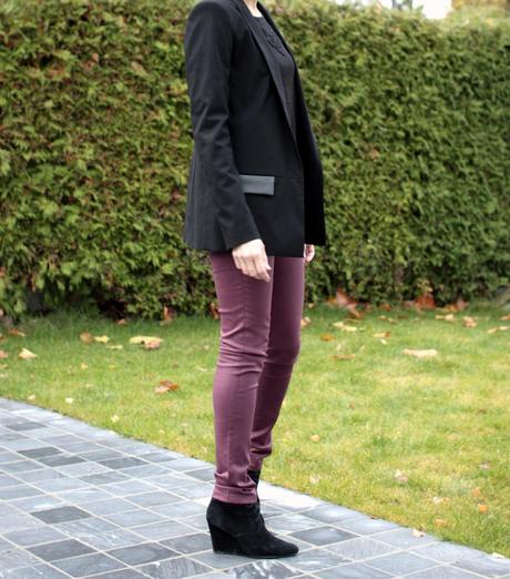 The burgundy coated jeans and the black lace sweater