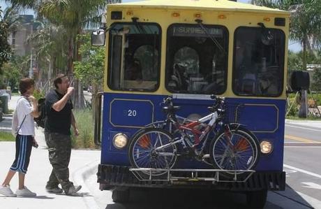 Patrons prepare to get on the Fort Myers Beach trolley run by LeeTran which has just been named “Outstanding Transit System of the Year” by the Florida Public Transportation Association.