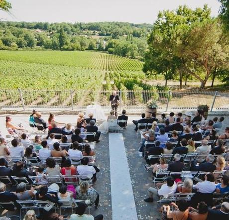 Wedding ceremony overlooking vineyards in France