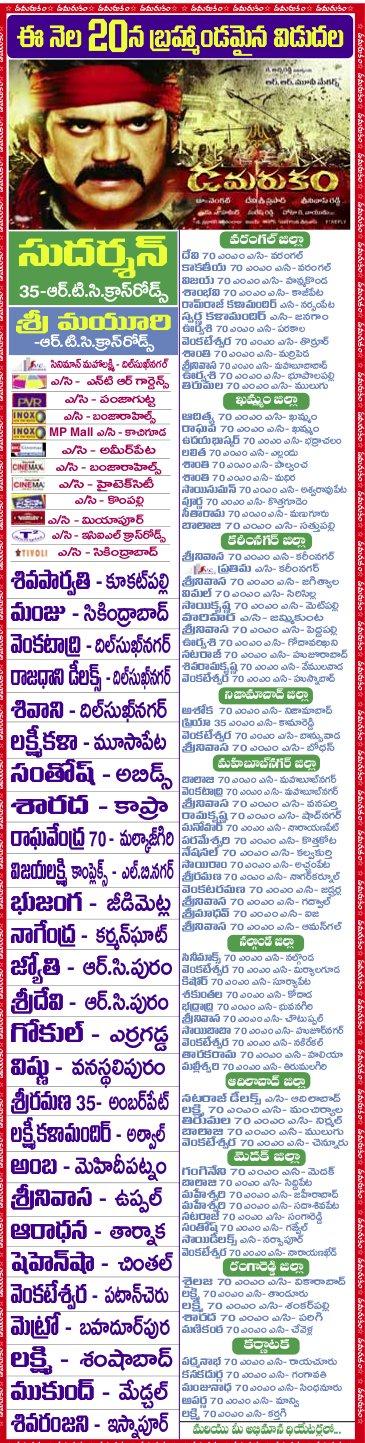 nagarjuna damarukam nizam theaters list november 23 release date hyderabad theaters Damarukam Nizam Theaters List