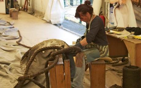 Sails are sewn by hand on L'Hermione French frigate in Rochefort, France