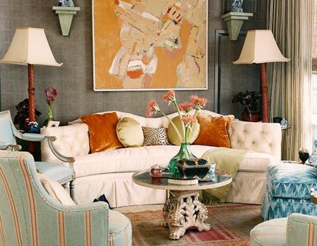 Celerie Kemble, orange and gray color scheme, orange accents in a room, beautiful living room, using the color gray