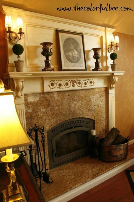 fireplace mantle, mantle decoration, orange, plaster wall finishes, Ralph Lauren look