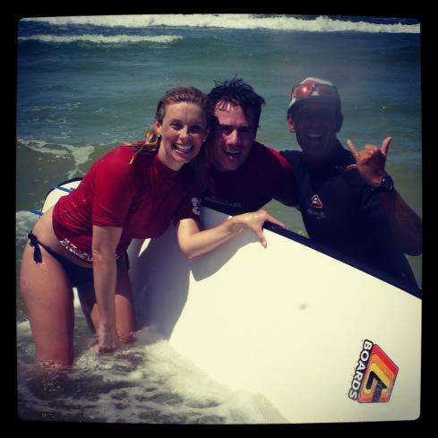Look out Kelly Slater ... Ross and I with Learn to Surf Noosa instructor Stefan. 