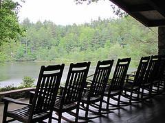 Rocking chairs by lake