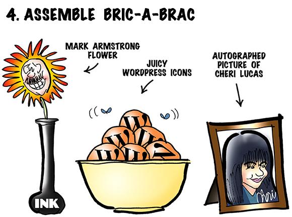 bric-a-brac used to decorate table including illustrator Mark Armstrong flower in ink vase, bowl of WordPress icons with letter W which look like oranges with flies buzzing around them, and framed autographed picture of WordPress editor Cheri Lucas
