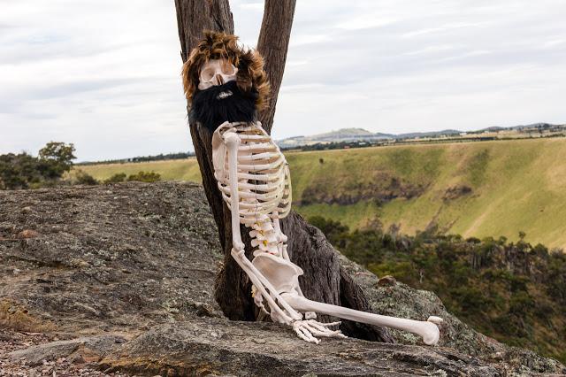 skeleton at falcons lookout wearing a wig and beard
