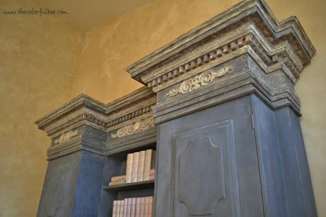 closeup of the blue gray Tara Shaw bookcase