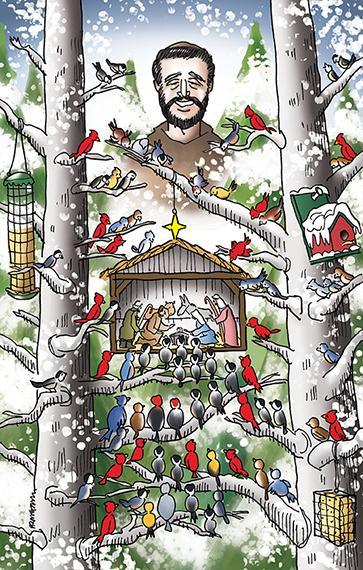 Christmas cover illustration for Inland Register Spokane's Catholic diocesan newspaper showing snowy wooded winter outdoor setting, birds in trees with feeders looking at tiny creche Nativity scene with Joseph, Mary, Baby Jesus, shepherds, with Saint Francis of Assisi smiling down on everyone