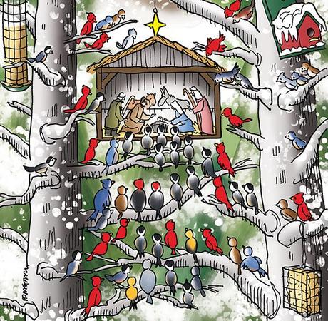 detail image of Christmas cover illustration for Inland Register Spokane's Catholic diocesan newspaper showing snowy wooded winter outdoor setting, birds in trees with feeders looking at tiny creche Nativity scene with Joseph, Mary, Baby Jesus, shepherds, with Saint Francis of Assisi smiling down on everyone