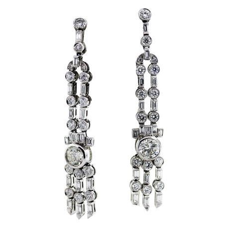 Vintage Style Platinum and 5 Carat Diamond Long Drop Earrings