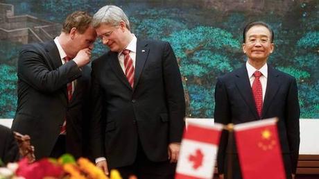 Canada's Foreign Minister John Baird (left), Prime Minister Stephen Harper (centre), and Chinese Premier Web Jiabo (right). Photo from the Globe and Mail.
