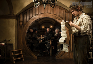 Scene from The Hobbit, featuring Bilbo and the Dwarves