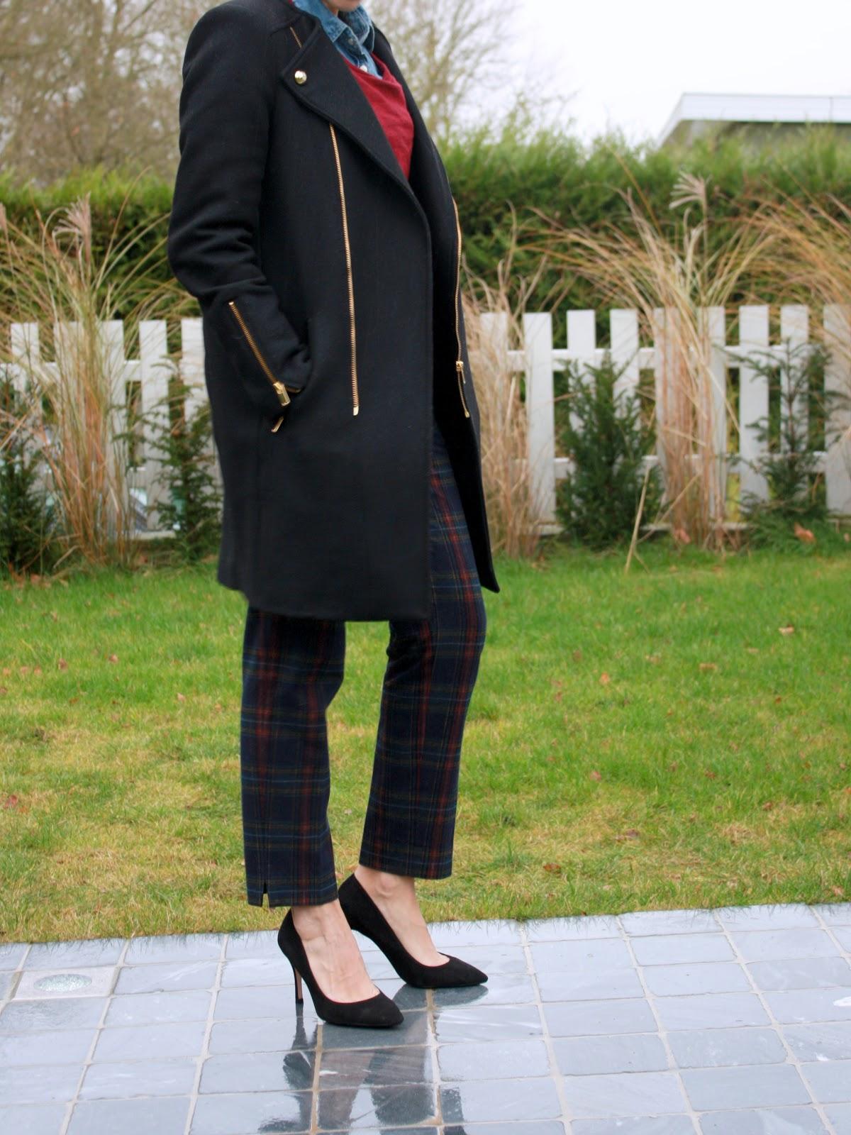 The plaid trousers and the black suede pumps