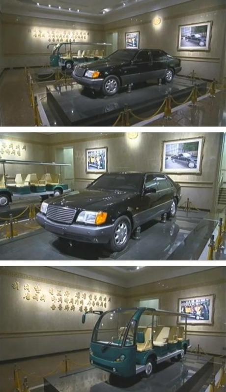 A room containing one of KJI's S-Class Mercedes Benz sedans and one of the electric carts he used in his later year (Photo: KCTV/KCNA screengrab)