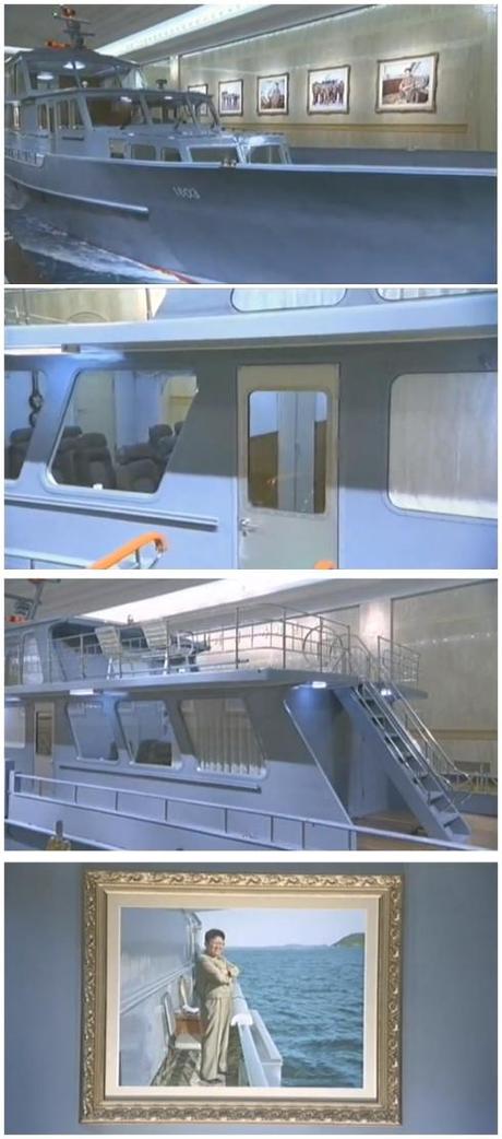 Views of one of KJI's boats and a portrait photograph showing him on the boat's deck (Photos: KCTV/KCNA screengrab)