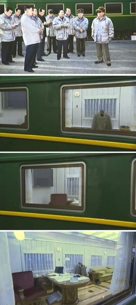 A portrait of KJI and core members of the DPRK leadership outside his customized armored train.  The bottom image shows KJI's office and quarters on the railway car (Photos: KCTV/KCNA screengrabs)