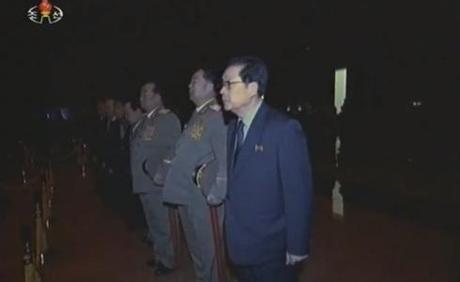 Jang Song Taek and senior commanders of the KPA pay their respects.  Also visible in this image are Hyon Yong Chol, Kim Kyok Sik and Kim Yong Chun (Photo: KCTV/KCNA screengrab)