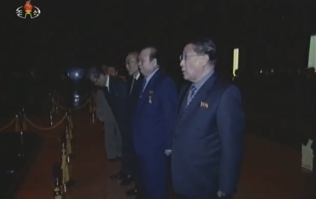 DPRK Vice Premier Kang Sok Ju and senior KWP and DPRK Government officials pay their respects.  Also visible in this image are Pak To Chun, Yang Hyong Sop and Choe Tae Bok (Photo: KCTV/KCNA screengrab)