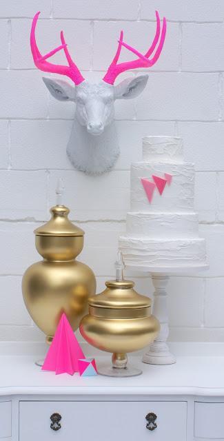 A Geometric Neon Pink, Gold  and a touch of ice blue Contemporary Christmas Table by The Couture Candy Buffet Company