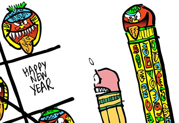 detail image of cartoon satirizing the mayan calendar which supposedly predicts that the world will end on December 21, 2012 mayan pencil and regular pencil playing tic-tac-toe game using mayan faces with tongues stuck out and the phrase Happy New Year Mayans win game implying there will not be a new year, no 2013