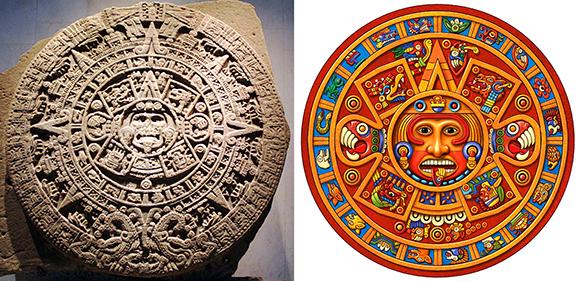 Aztec calendar stone also known as aztec calendar and sometimes portrayed as mayan calendar with sun god in middle with tongue sticking out, and same image in color as folk art using mayan and aztec glyphs