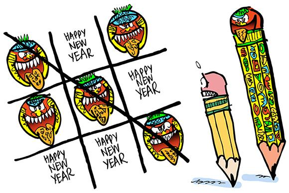 cartoon satirizing the mayan calendar which supposedly predicts that the world will end on December 21, 2012 mayan pencil and regular pencil playing tic-tac-toe game using mayan faces with tongues stuck out and the phrase Happy New Year Mayans win game implying there will not be a new year, no 2013