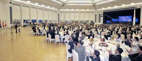 A view of the dining room at Mokran House as Kim Jong Un delivers a congratulatory speech to Korean Committee for Space Technology personnel who participated in the launch of the U'nha-3 carrier rocket on 12 December 2012 (Photo: Rodong Sinmun)