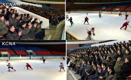 KCST personnel watch an ice hockey game at the Ice Rink in central Pyongyang (Photos: KCNA)