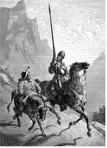 Don Quixote rides out of Manhattan yesterday with Sancho Panza wondering at his denuded umbrella.