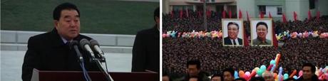 Tae Jong Su (L), Alternate Member of the KWP Political Bureau and Chief Secretary of the South Hamgyo'ng KWP Provincial Committee, delivers a speech at an unveiling ceremony of KIS and KJI statues in Hamhu'ng (Photos: Rodong Sinmun/KCNA screengrabs)