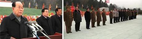 Kim Yong Nam (L) delivers a speech at the statues' unveiling ceremony in Hamhu'ng.  Central and local leadership (R) who attended the ceremony (Photos: Rodong Sinmun/KCNA screengrabs)