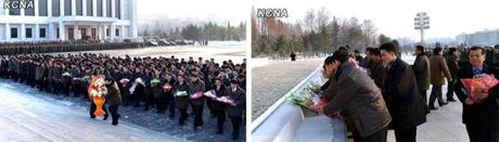 KCST personnel present flowers at the base of the Kim Il Sung and Kim Jong Il statues at the Ministry of People's Armed Forces (Photos: KCNA)