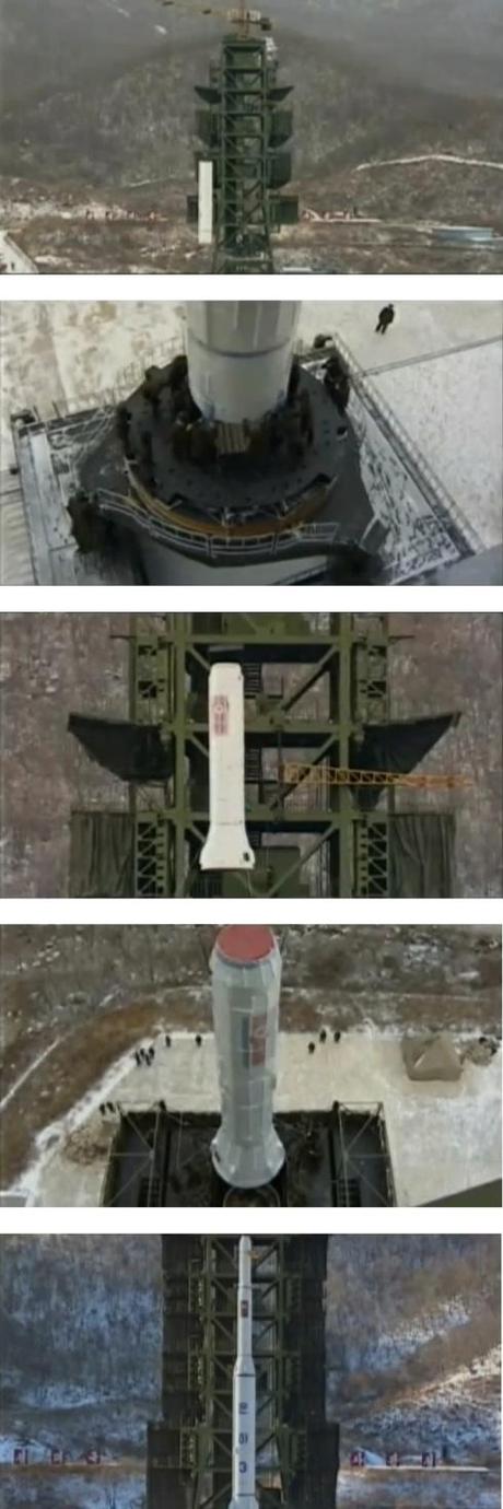 The film shows various stages of the U'nha-3 rocket's assembly on the launch pad (Photos: KCTV screengrabs)