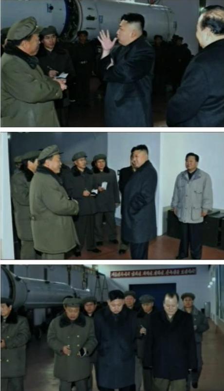 Kim Jong Un tours a facility containing the U'nha-3 rocket (or a replica thereof) (Photos: KCTV screengrabs)