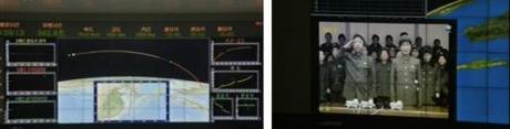 Monitor of the KMS-3 after the launch (L) and officials at the Sohae Space Center delivering a report to Kim Jong Un (Photos: KCTV screengrabs)