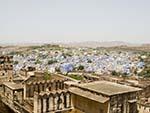 Rooms of the Mehrangarh Fort with the blue city in the background