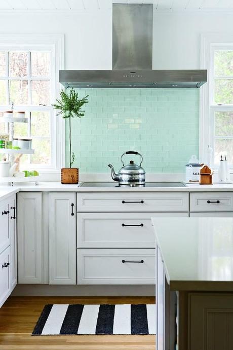 sky blue backsplash tiles in a kitchen