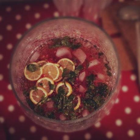 Champagne and pomegranate punch- recipe here! (Except I was cheap and used Cava instead...)