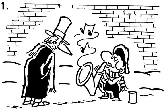 first panel of 4-panel Christmas cartoon about Busker a street musician who plays the saxophone, when Scrooge won't give him any money, Busker whistles and calls in Charles Dickens' three spirits from A Christmas Carol to go haunt Scrooge